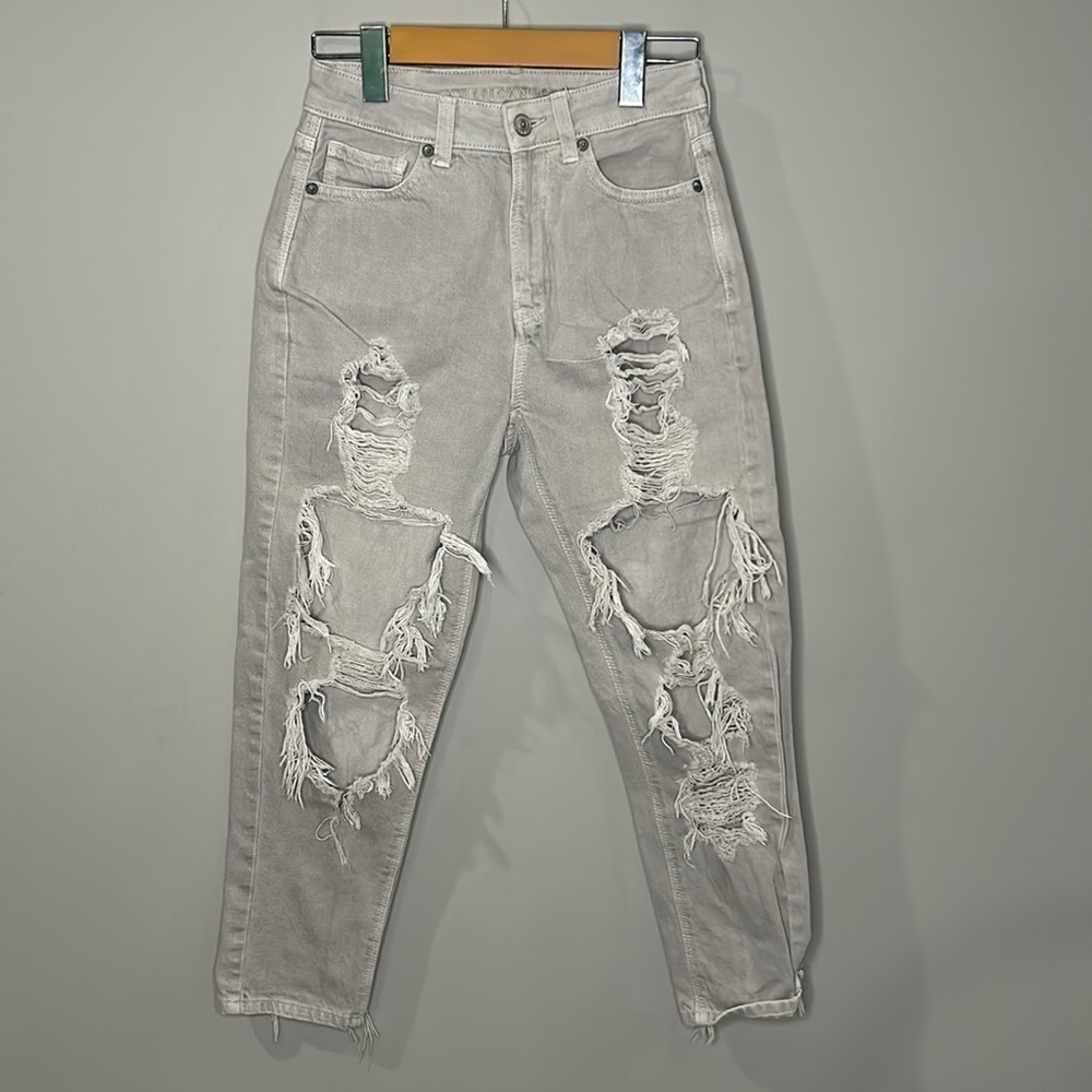 American Eagle Mom Jean High-Rise Grey Distressed Women's Size 00 X-Short